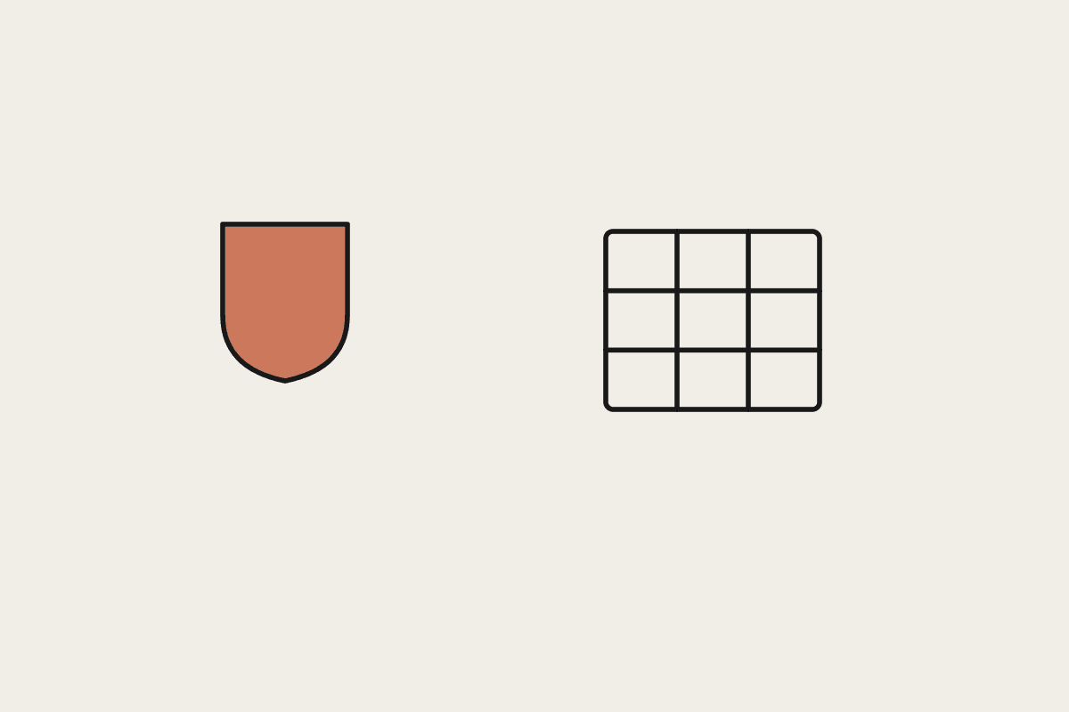 A terracotta shield beside a grid icon