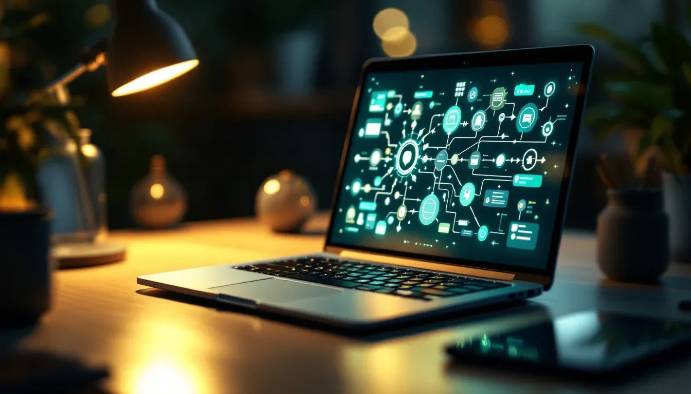 A laptop on a desk showing an animated system diagram of connected nodes and arrows.