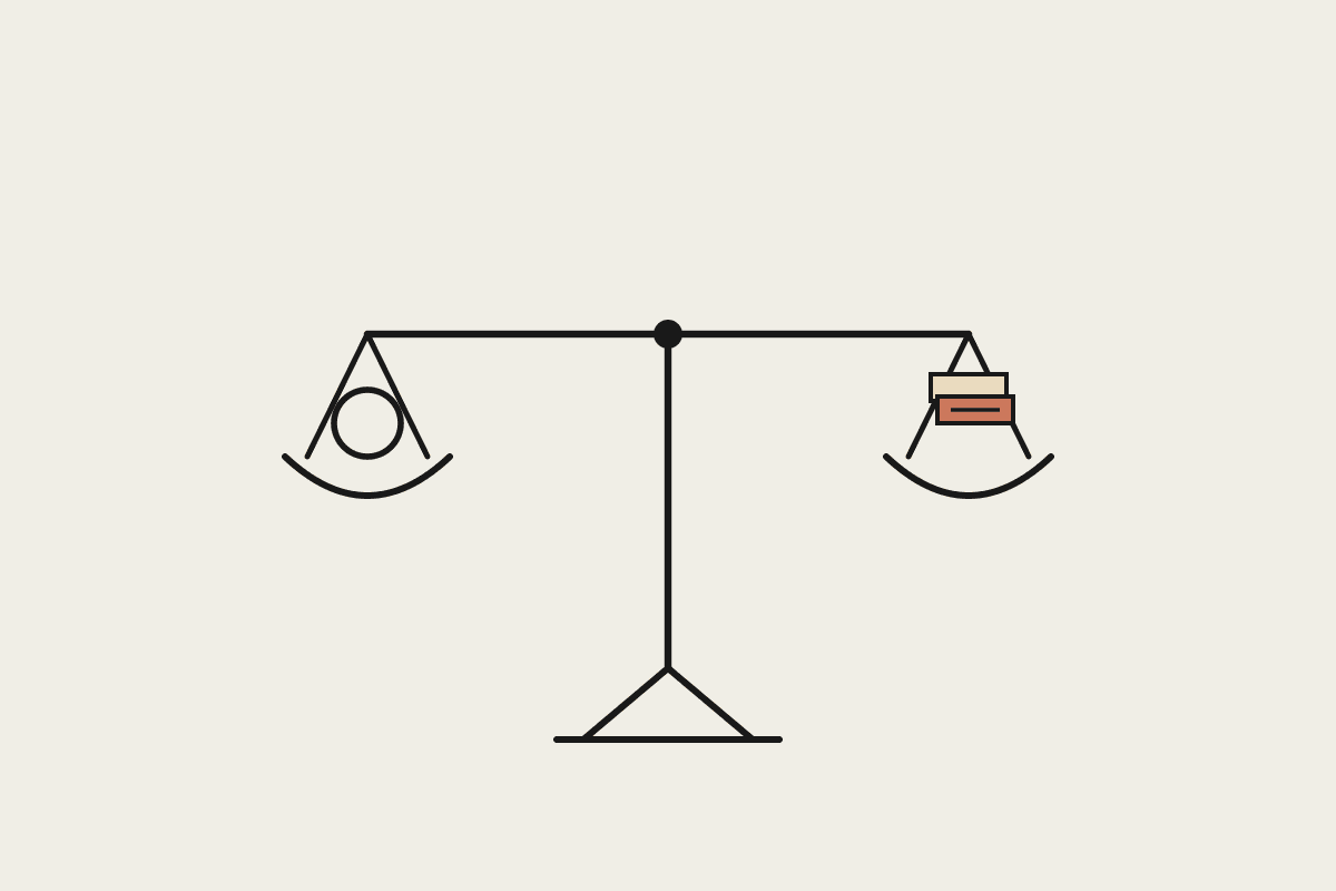 A balance scale weighing a plain circle against a stack of terracotta accounting ledgers