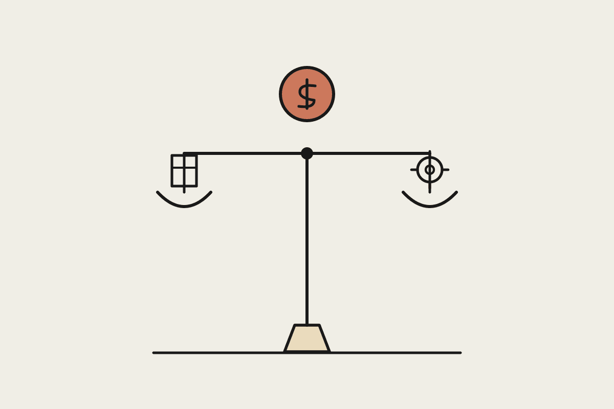 A balance scale weighing an in-house office building against an agency gear, with a terracotta dollar coin above