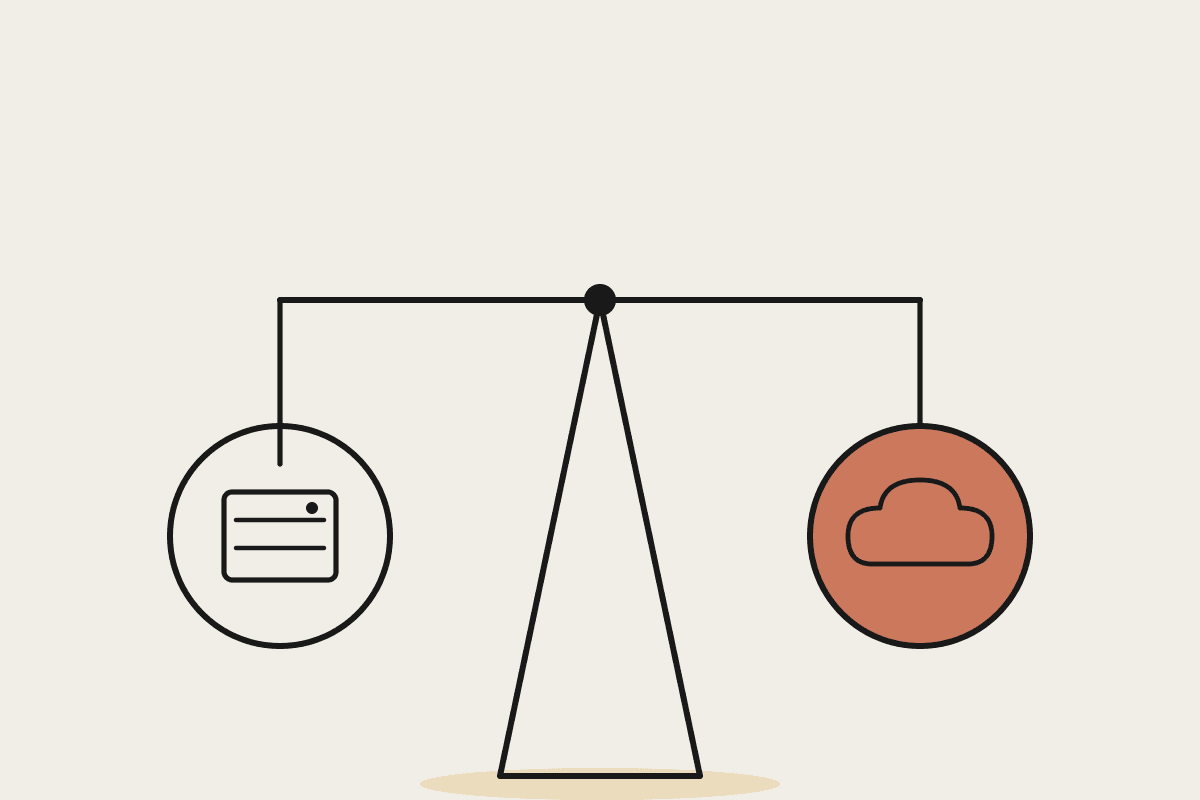 A balance scale weighing an on-prem server box against a cloud, illustrating the on-prem versus managed AI cost trade-off