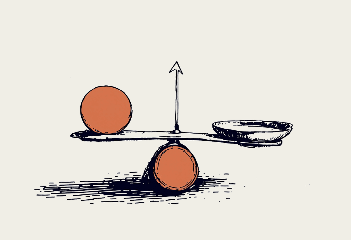 A hand-drawn balance scale weighing two options, with one side filled terracotta