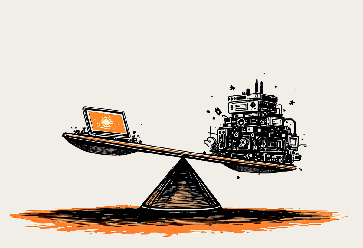 Balance scale comparing a simple tablet against a pile of server hardware, illustrating build vs buy decision