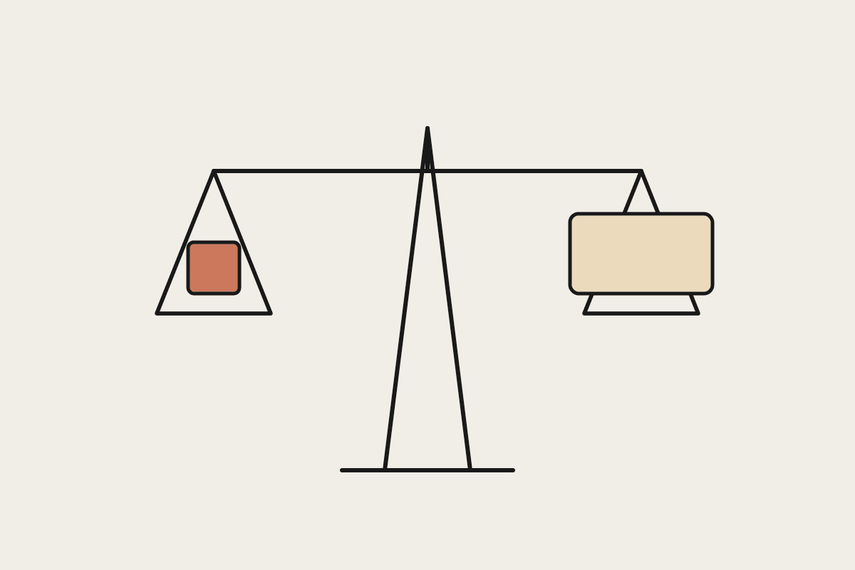 A balance scale with a small highlighted block on one pan outweighing its share against a larger block on the other