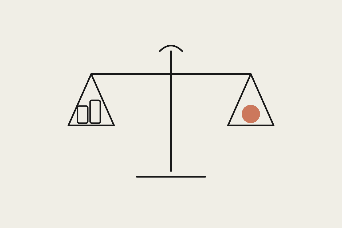 A balance scale with a stack of cached blocks on one pan and a single token on the other, nearly level