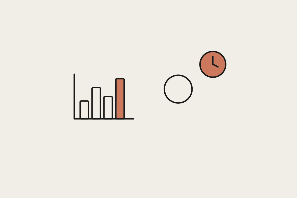 A bar chart, a check mark, and a terracotta clock