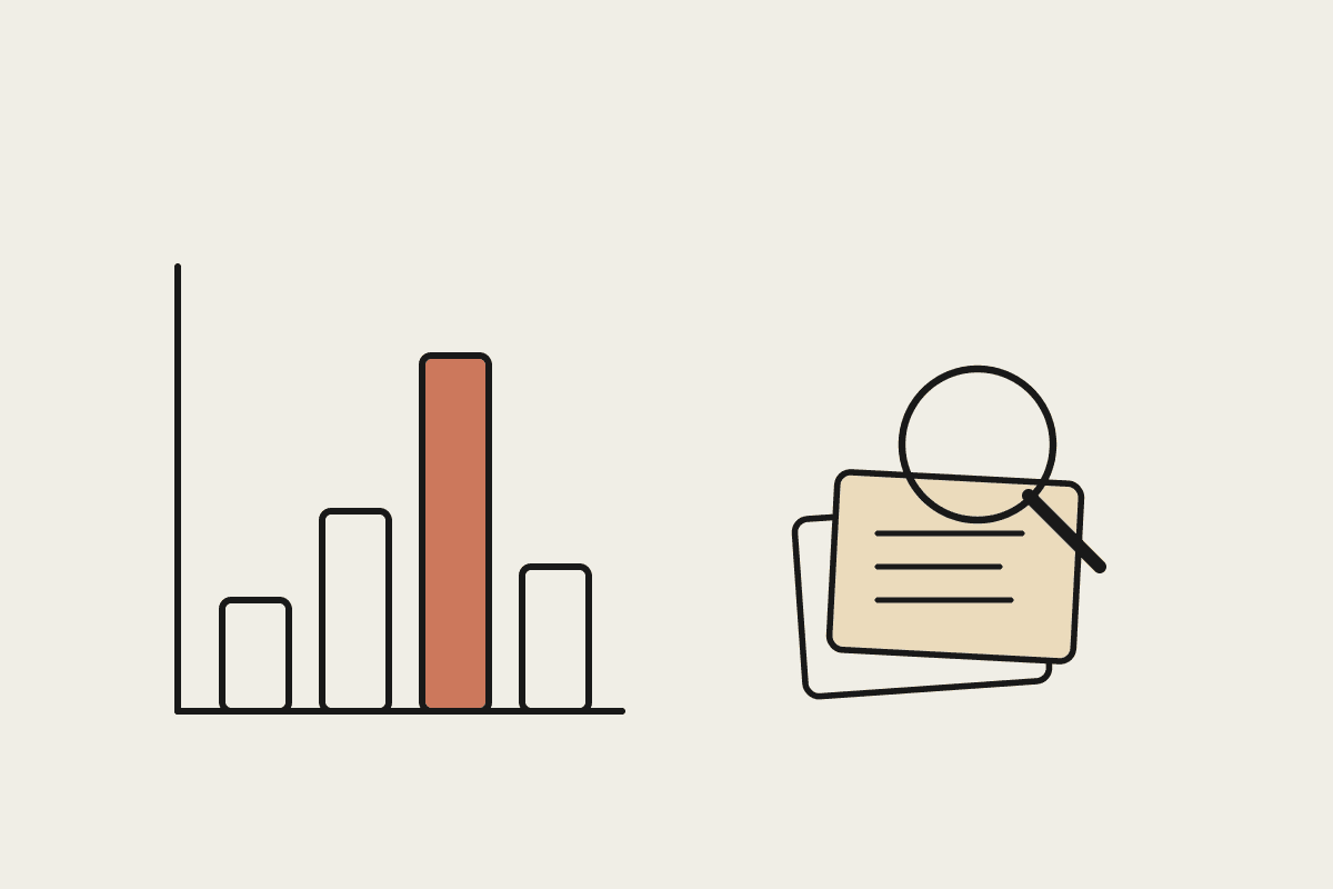 A bar chart with one terracotta bar towering over the rest, while a magnifying glass hovers over a stack of real documents beside it