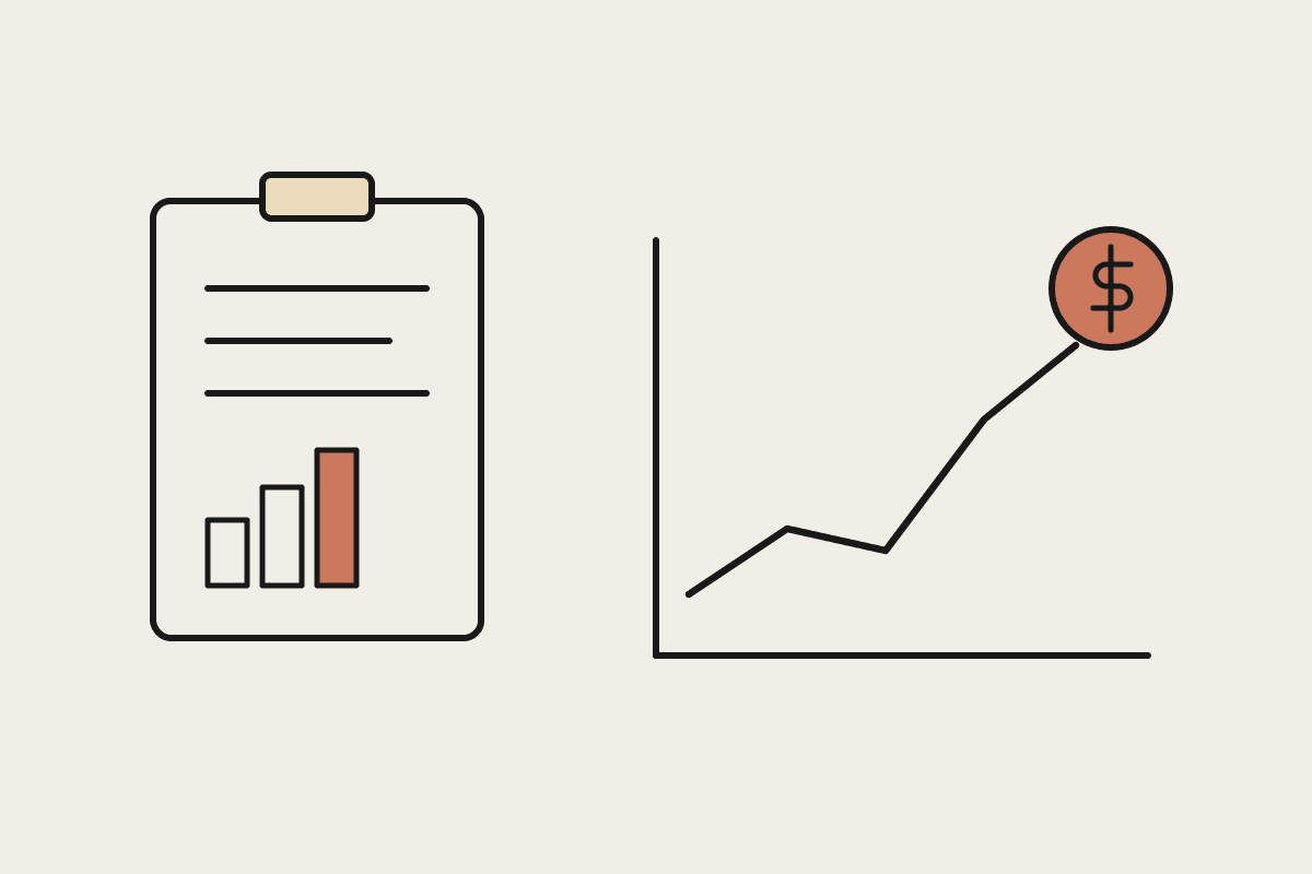 A board-pack document beside a rising chart ending in a dollar coin, brand notebook illustration