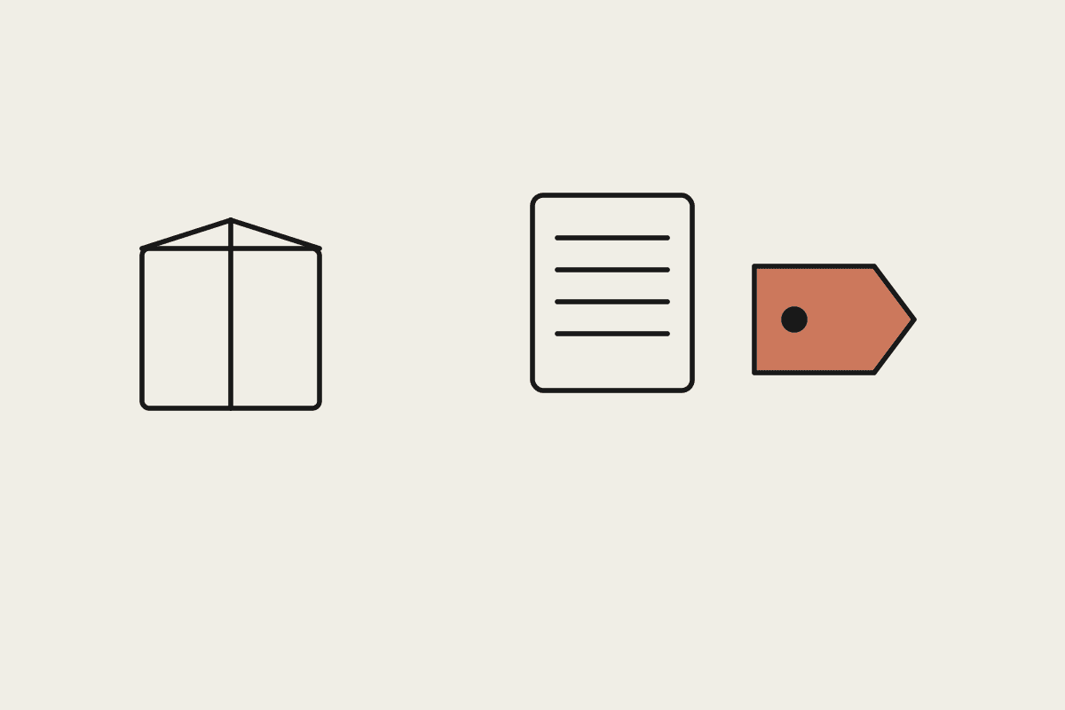 A box, a document, and a terracotta price tag