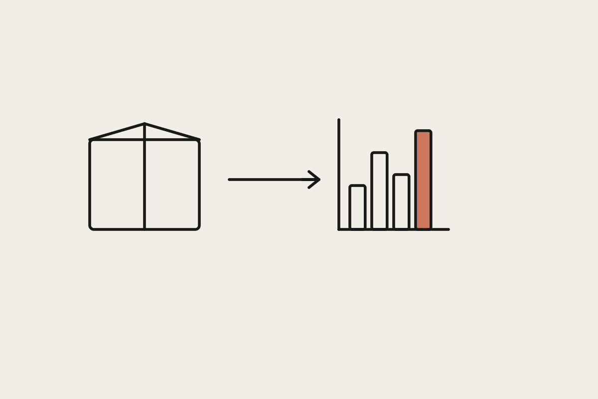 A box, an arrow, and a terracotta bar chart, representing ecommerce order, return and supplier operations