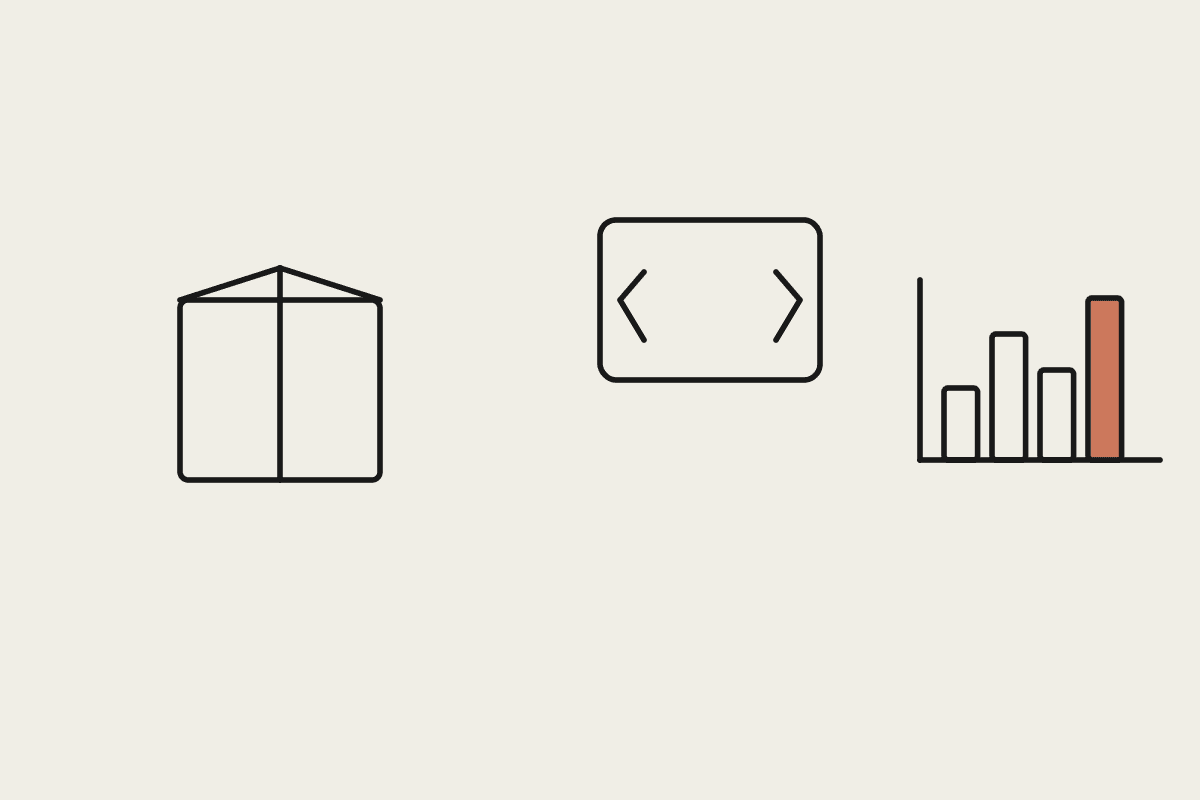 A box, code brackets, and a terracotta bar chart