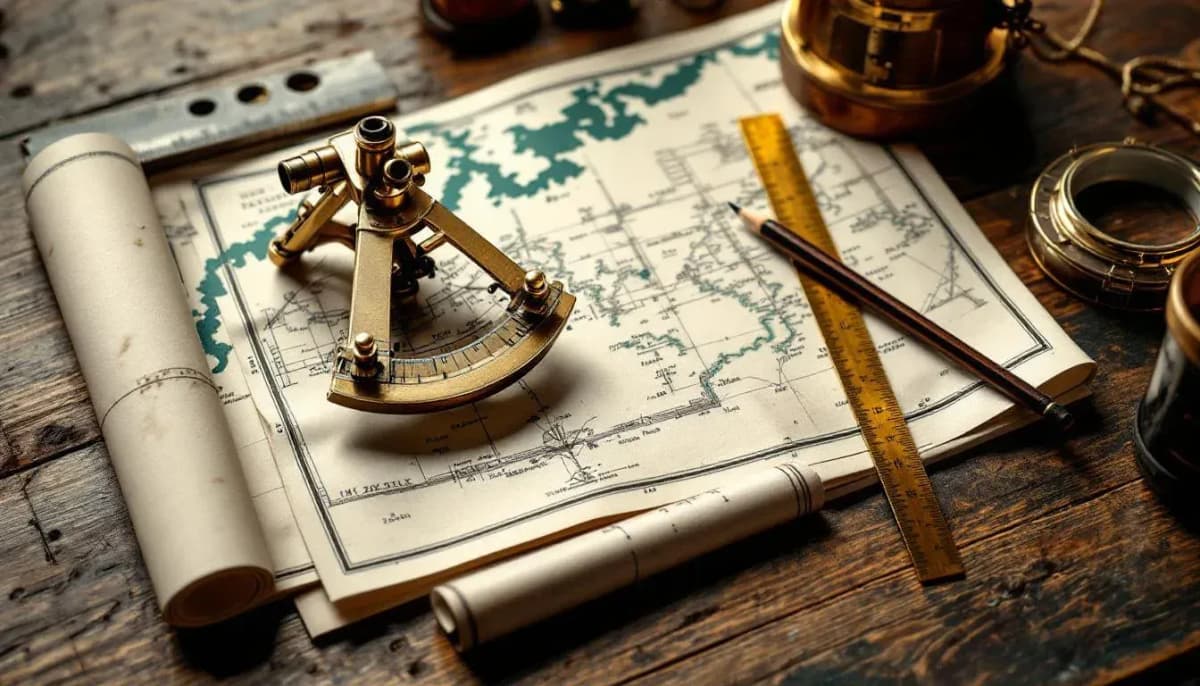 Brass navigator's sextant and parallel ruler resting on a folded nautical chart on a wooden table