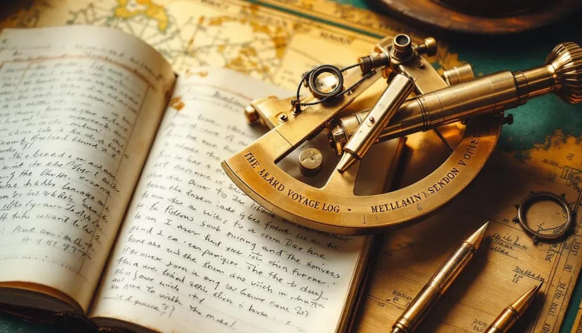 A brass navigator's sextant on a worn wooden chart table with a handwritten voyage log beside it