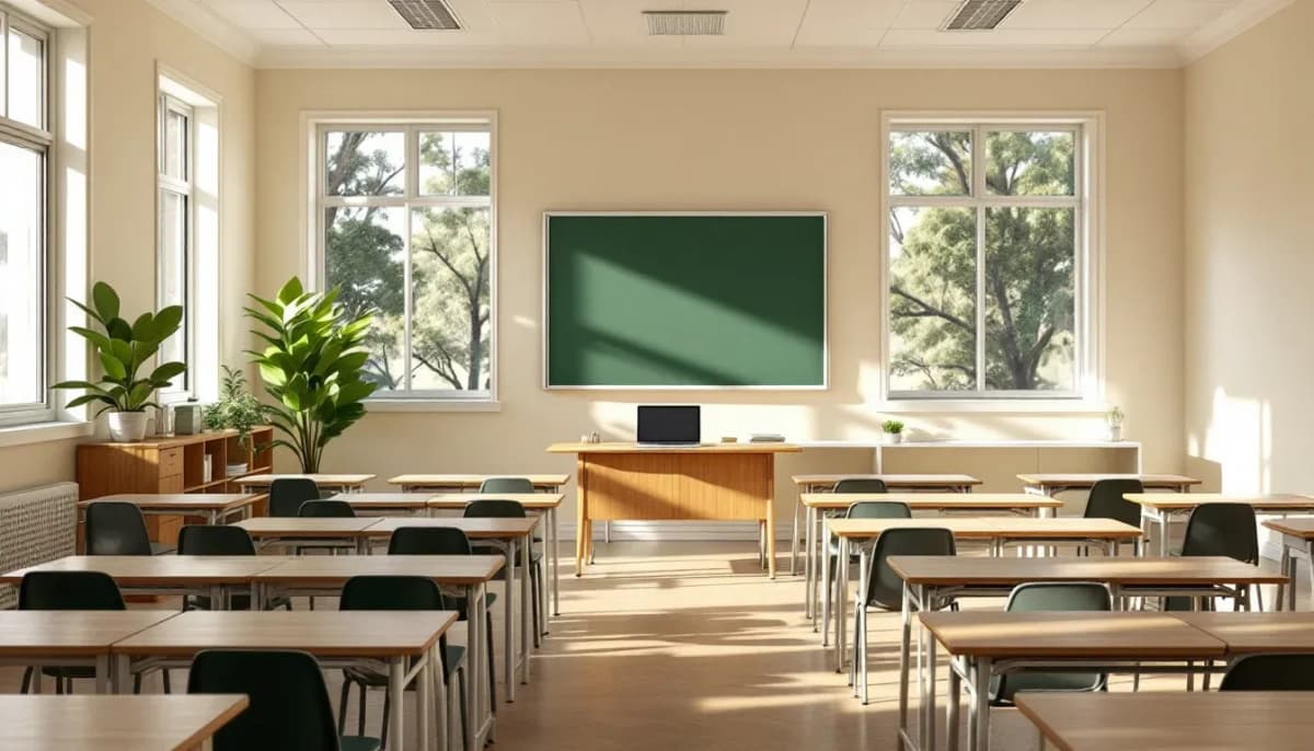 An empty Australian primary school classroom in morning light, prepared for the day