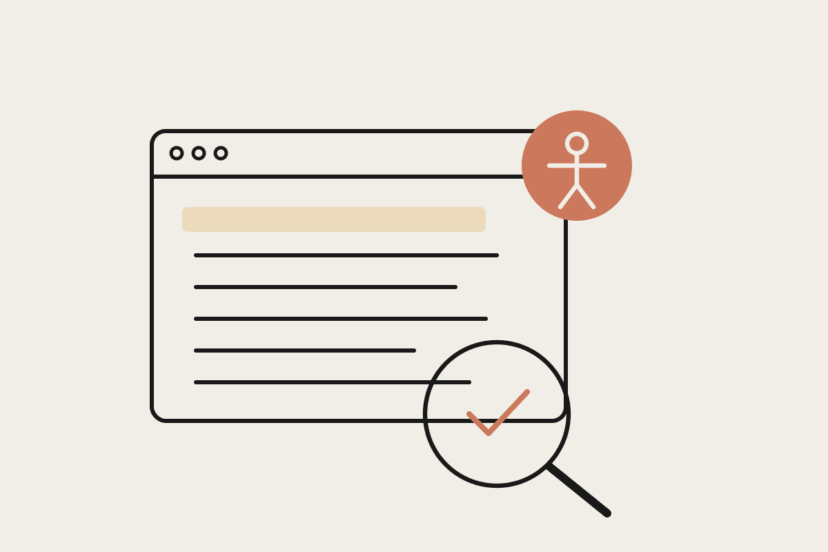 A browser window under a magnifying glass with a terracotta universal-access symbol, representing a Claude Code accessibility audit
