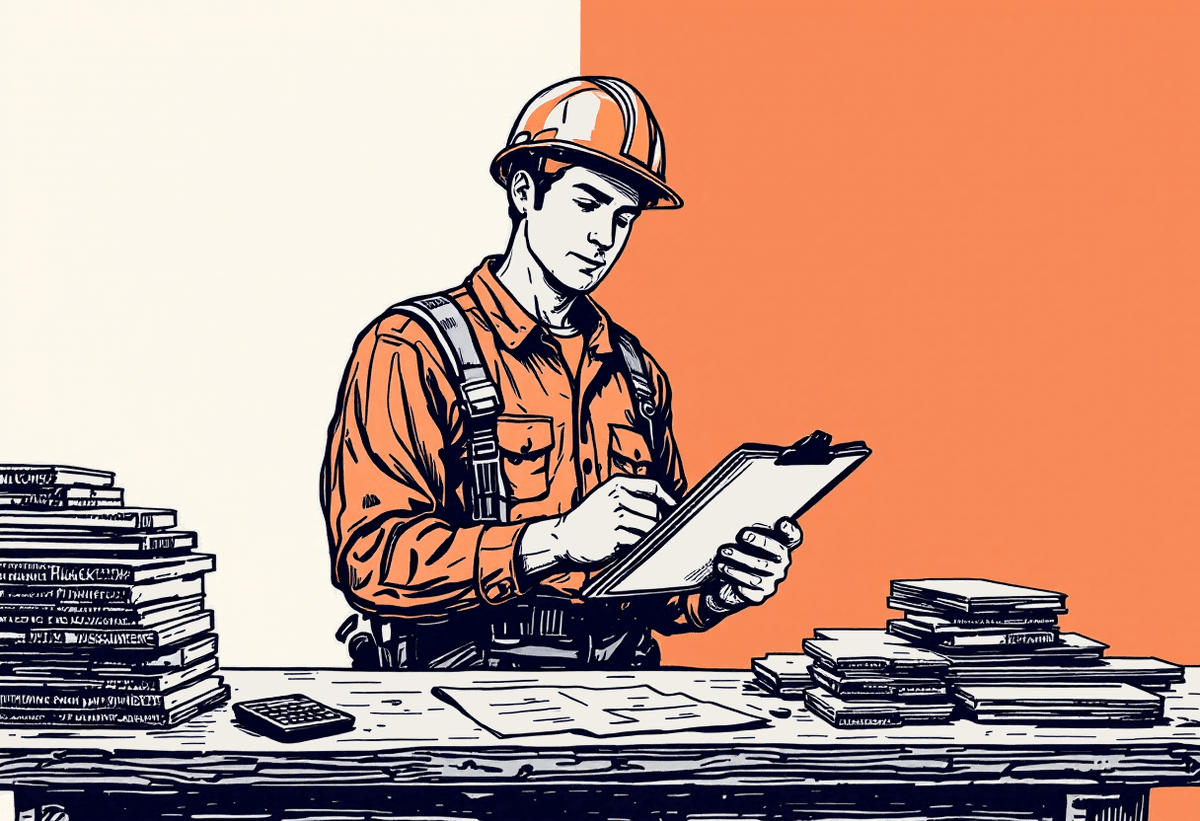 Hand-drawn illustration of a builder reviewing a quote at a desk with a calculator