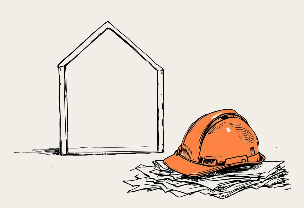 Hand-drawn illustration of a hard hat resting on documents beside a house frame