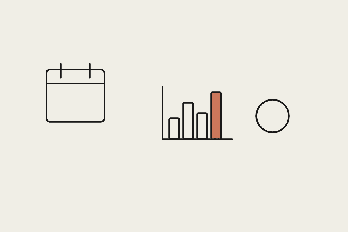 A calendar, a terracotta bar chart, and a checkmark