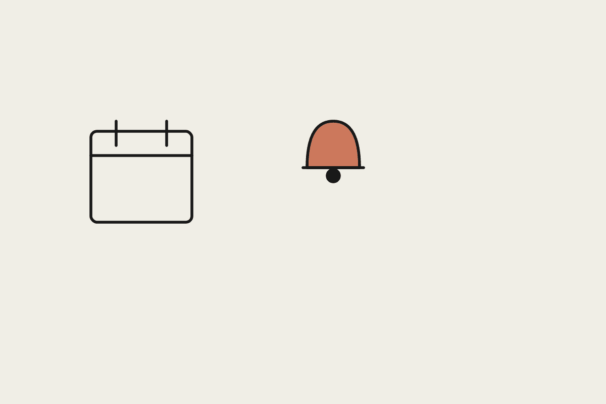 A calendar beside a terracotta bell, representing a clinic appointment reminder sequence