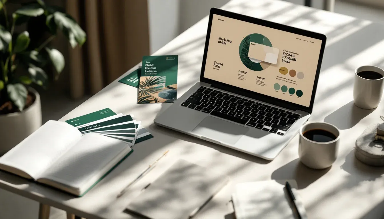 Marketing studio desk with brand colour swatch cards and a laptop showing a clean slide layout
