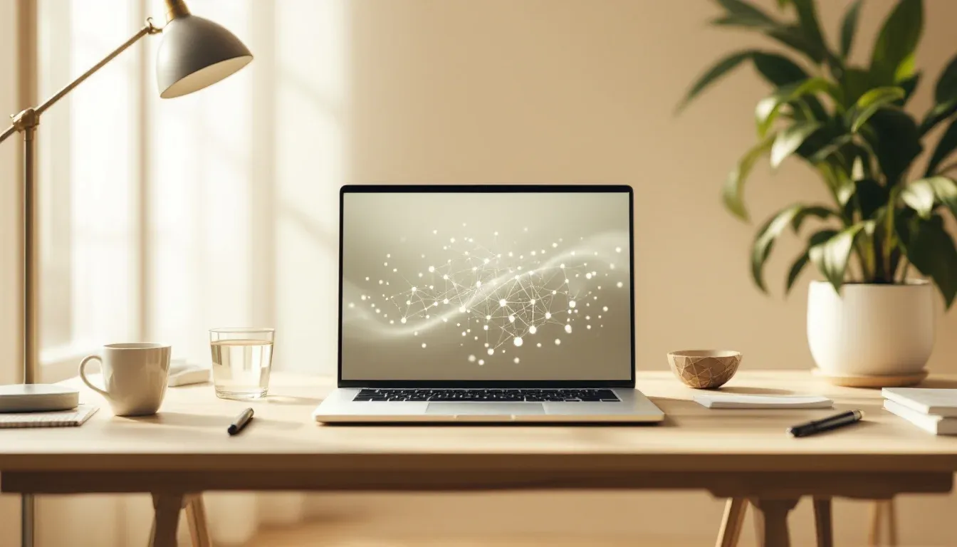 Laptop on a tidy office desk showing an abstract connected-node memory graph