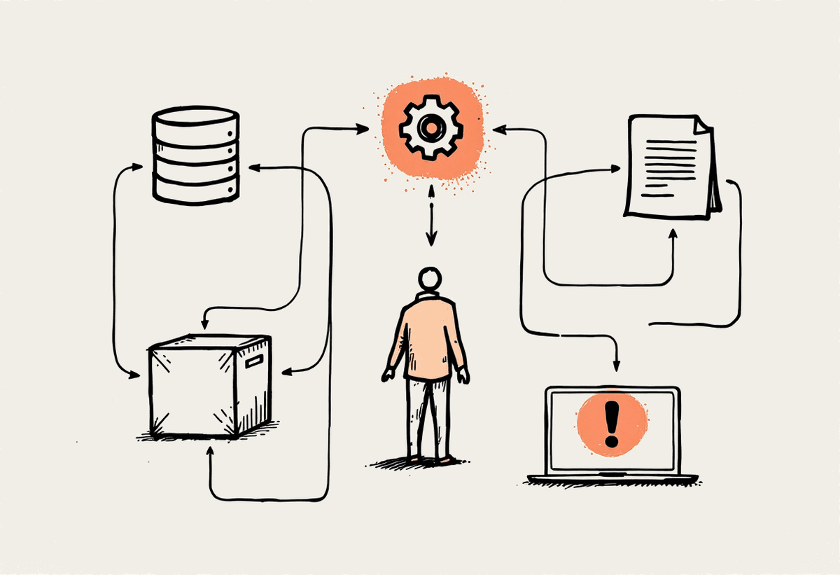 Hand-drawn assistant connected by cables to a database, a gear and a document