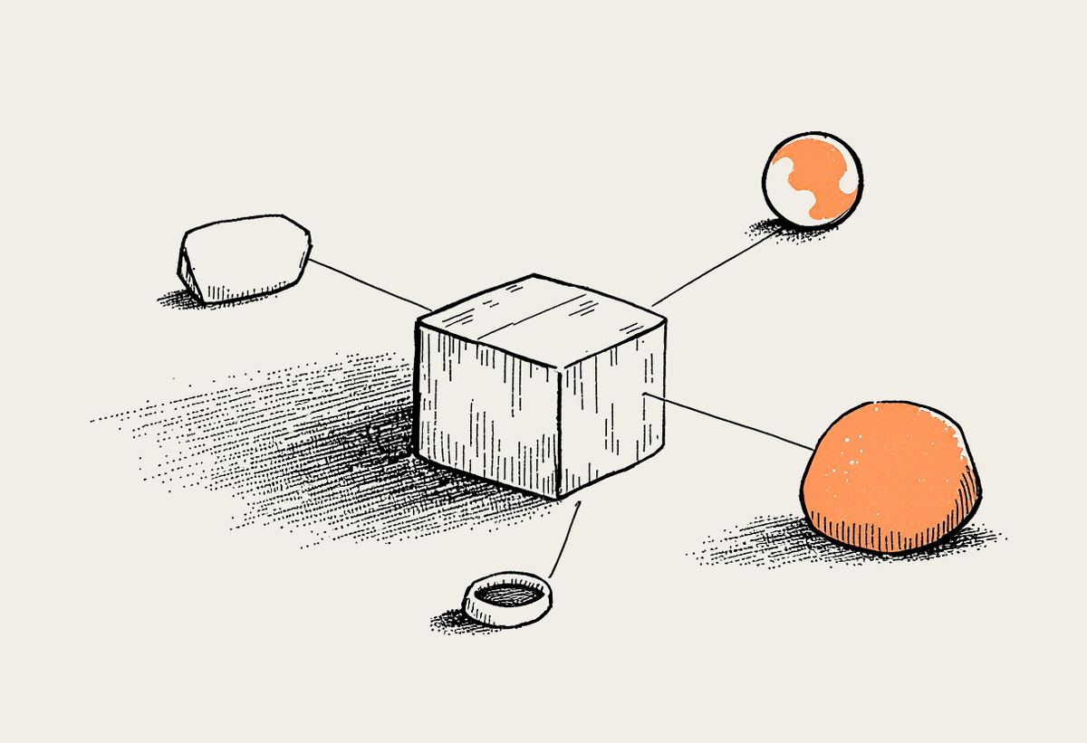 Hand-drawn diagram of a central server connected to several swappable model shapes