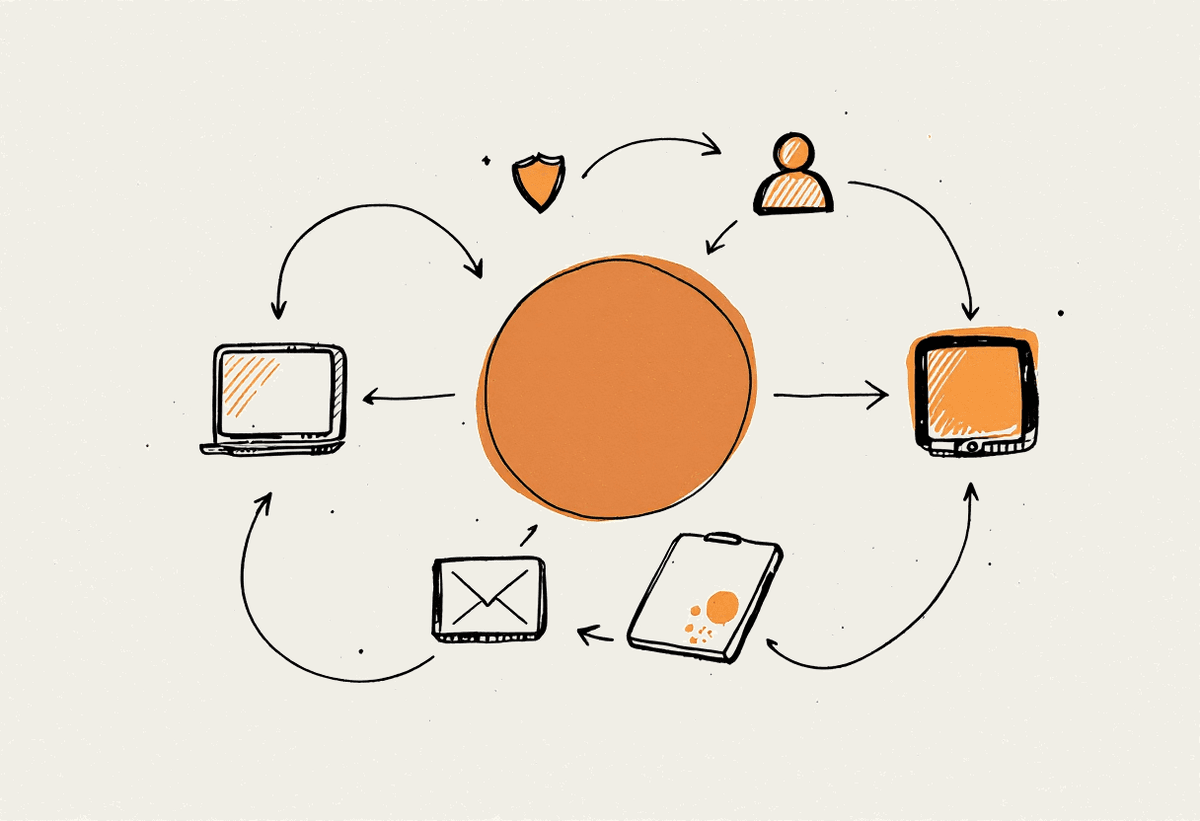 Hand-drawn diagram of an AI agent connecting to several business apps with an approval checkpoint