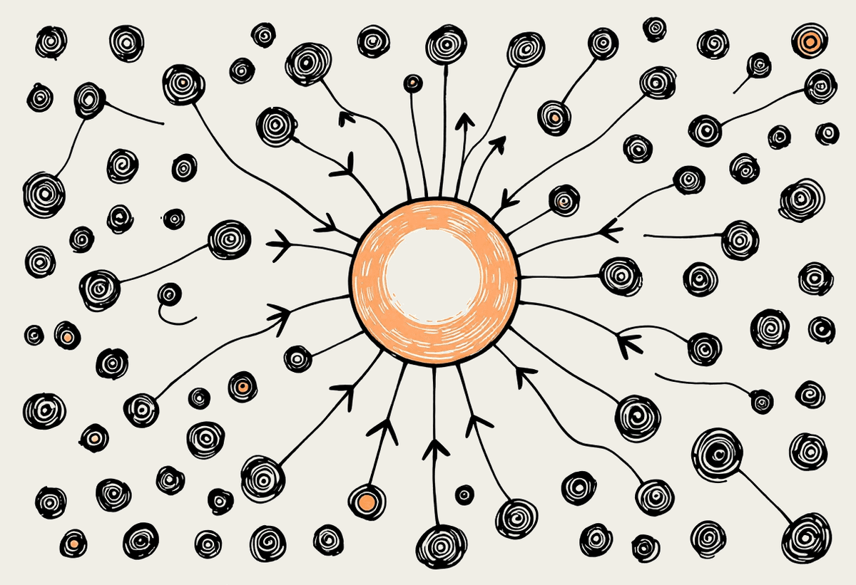 Hand-drawn illustration of a central hub routing arrows to a few selected circles, showing how a mixture-of-experts model activates only some experts per task