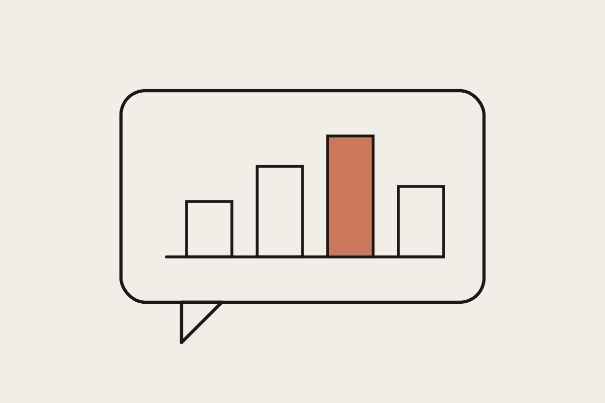 A chat bubble containing a bar chart with one terracotta bar, representing self-service analytics in Slack