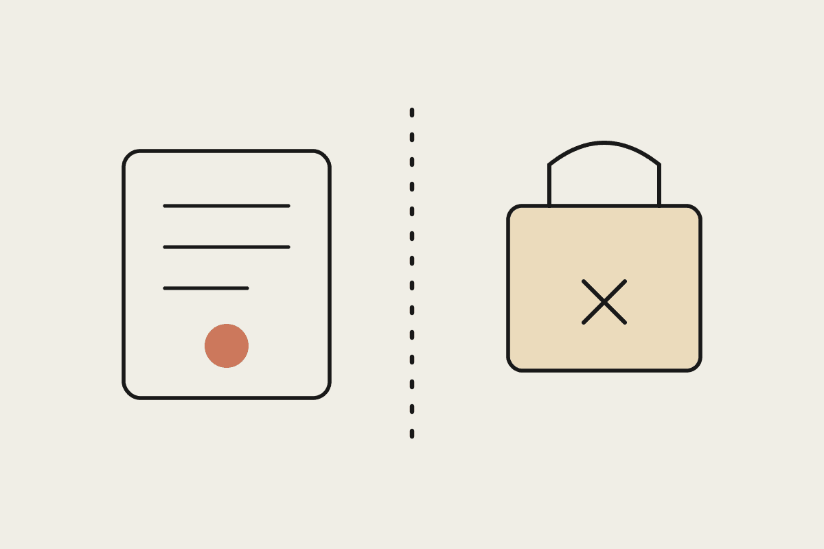 A chat window on one side of a dotted boundary and a locked records box on the other, kept apart