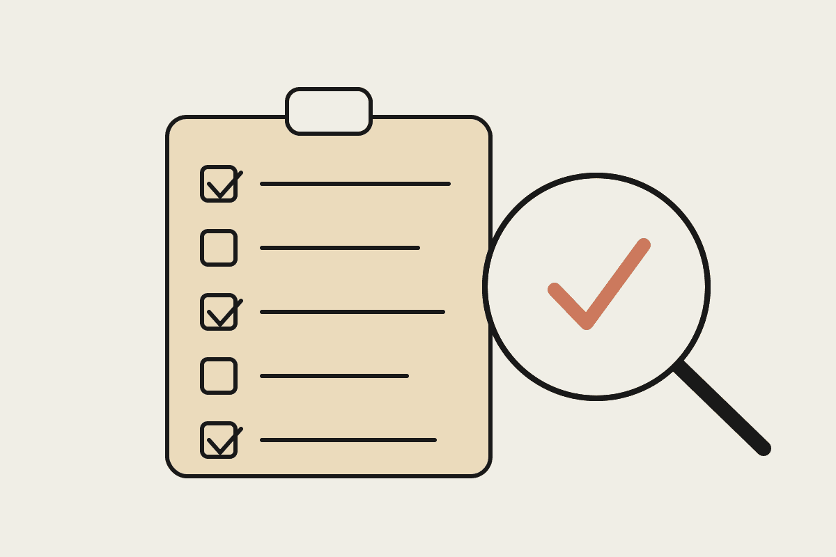 A checklist on a clipboard beside a magnifying glass, with one item marked in terracotta, illustrating vetting an AI automation agency.