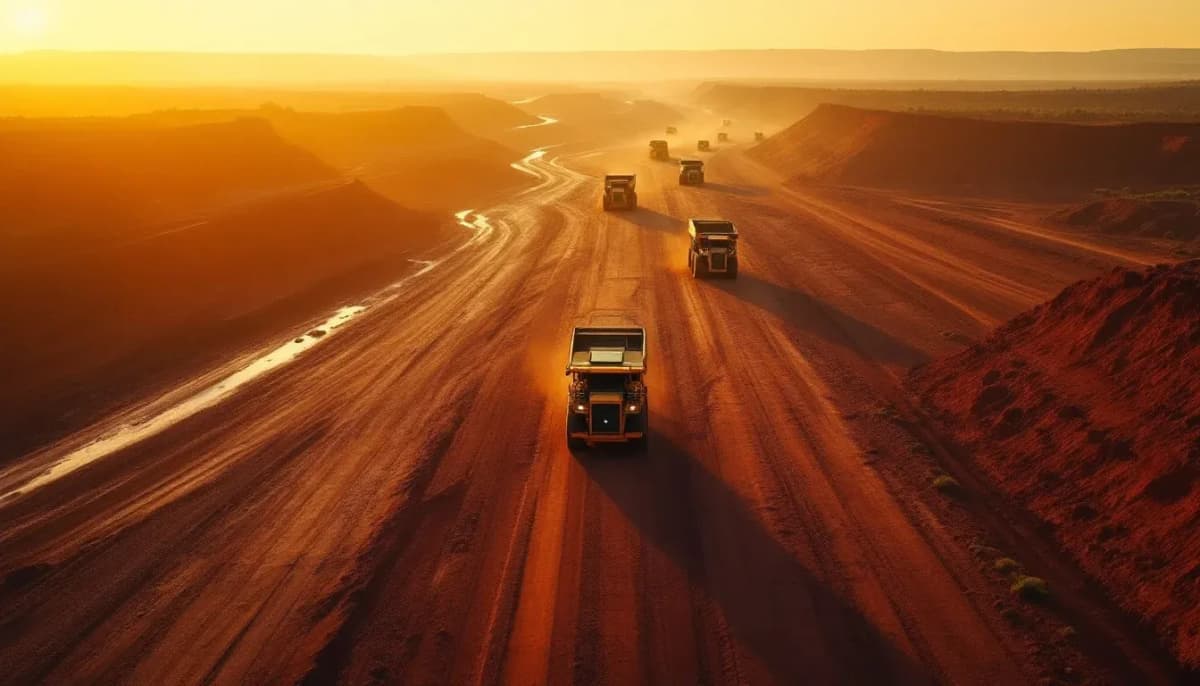 Pilbara iron ore mine at dawn with haul trucks moving across rust-red terrain