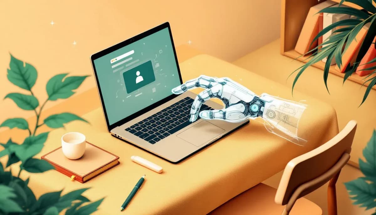 Illustration of an AI agent operating a browser window on a laptop in an Australian office setting