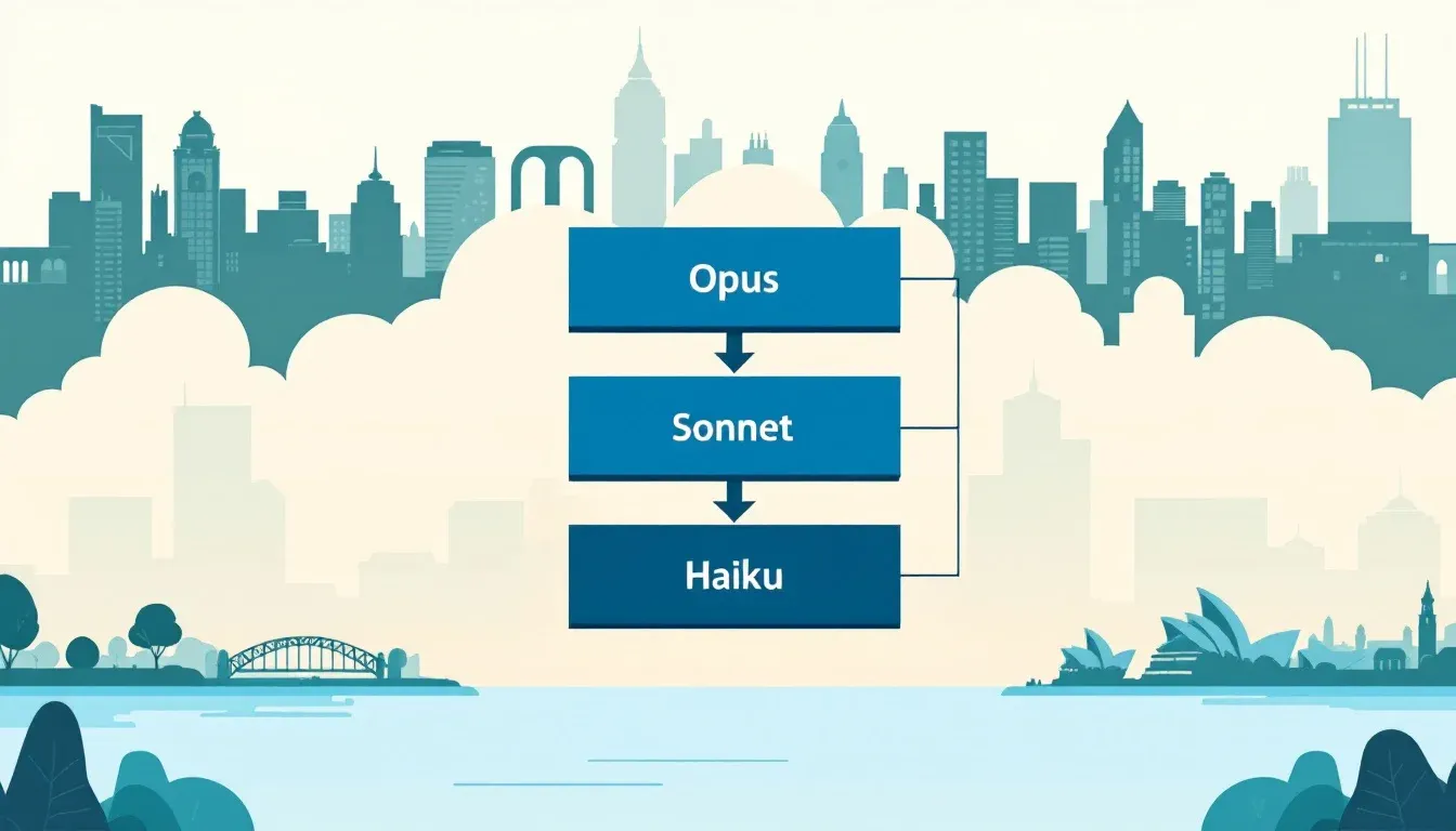 Three-tier Claude model orchestration diagram with a Sydney skyline backdrop