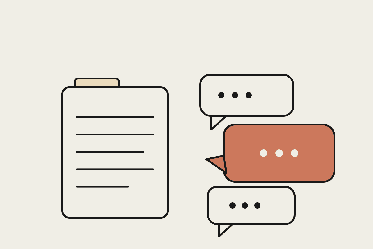 A client file beside three speech bubbles standing in for many tax planning conversations, one bubble in terracotta.