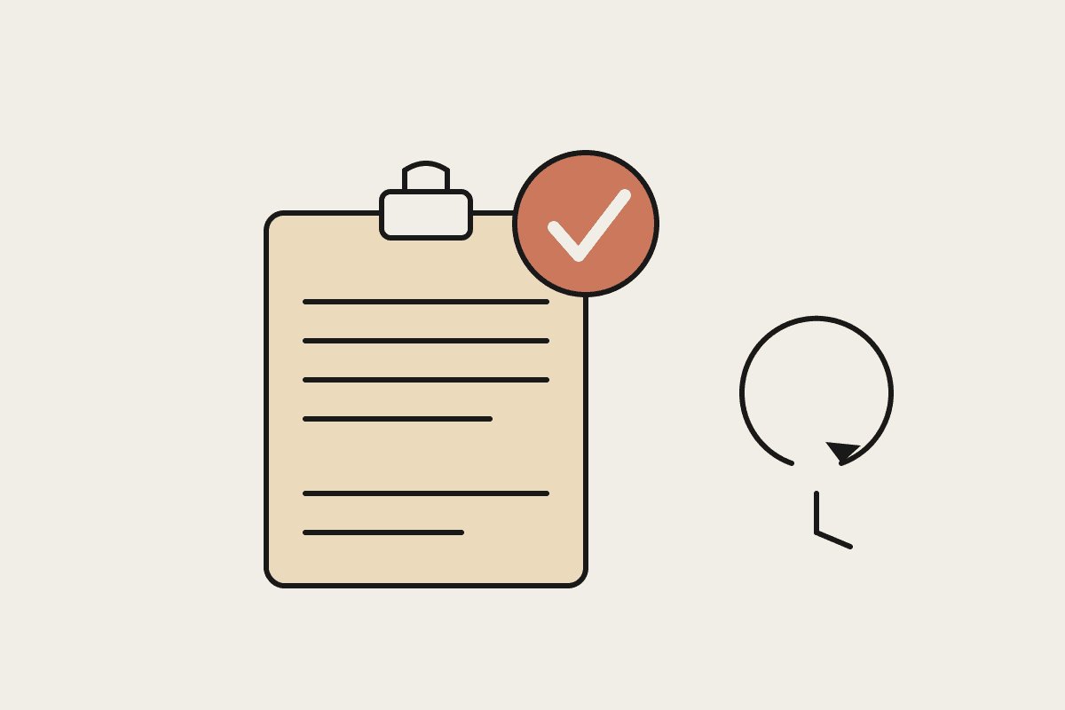 A clinical policy document with an approved tick badge beside a renewal-cycle clock, drawn in the Automata AI notebook style.