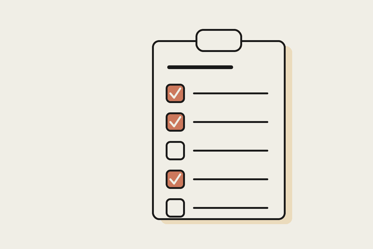 A clipboard checklist with several items ticked in terracotta, representing tracked apprentice competency records.