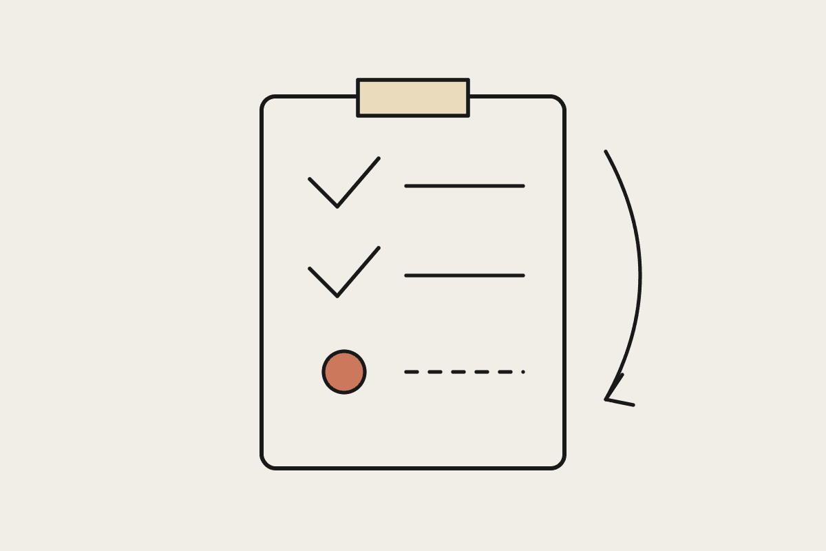 A clipboard checklist with two ticked items and one highlighted unchecked item, with a curved arrow looping back to the top