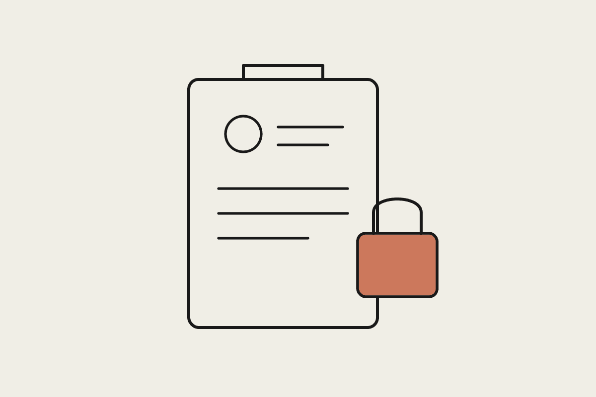 A clipboard holding a candidate profile with a terracotta padlock beside it, representing protected recruitment data