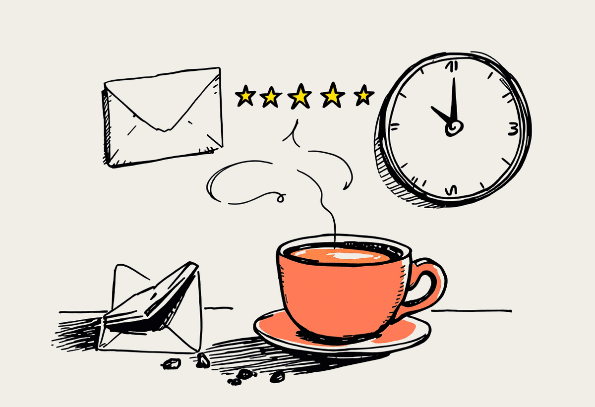 Hand-drawn illustration of a coffee cup, an envelope, a star rating, and a clock linked by curved arrows
