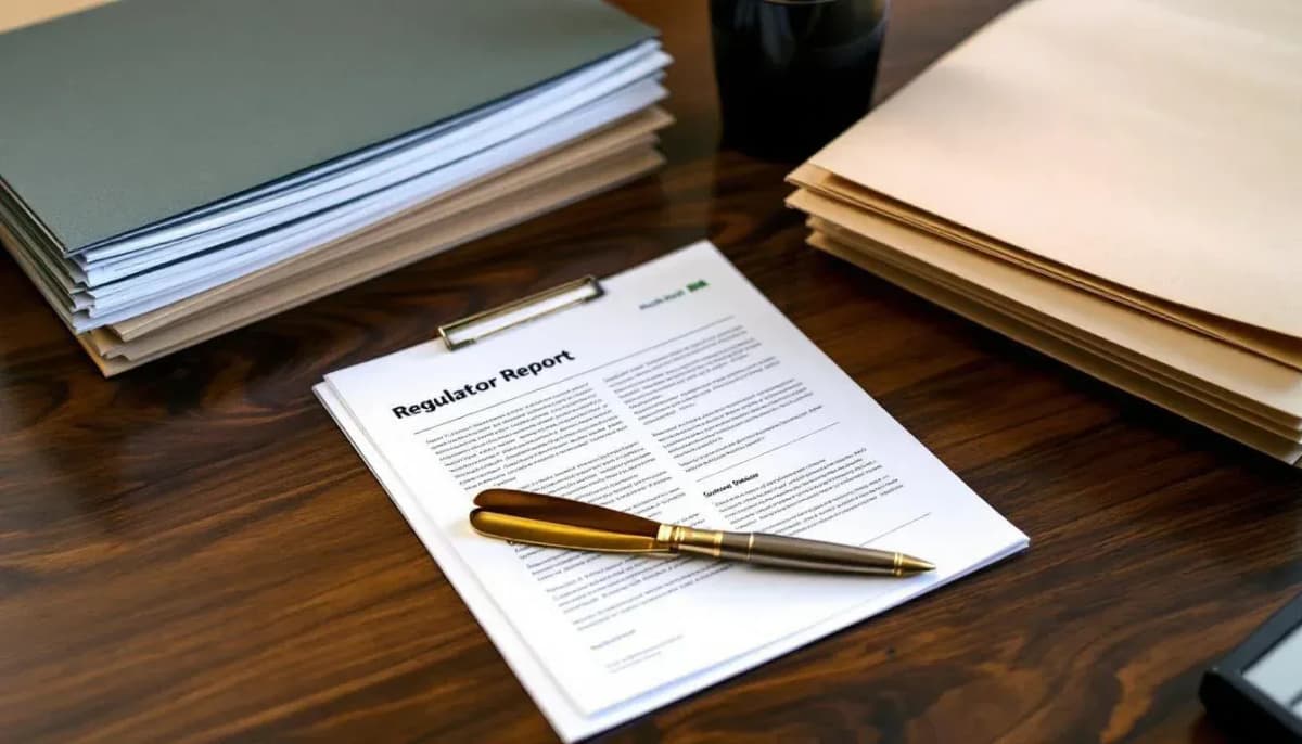 Compliance officer's desk with stacked manila folders and a printed regulatory report on dark timber