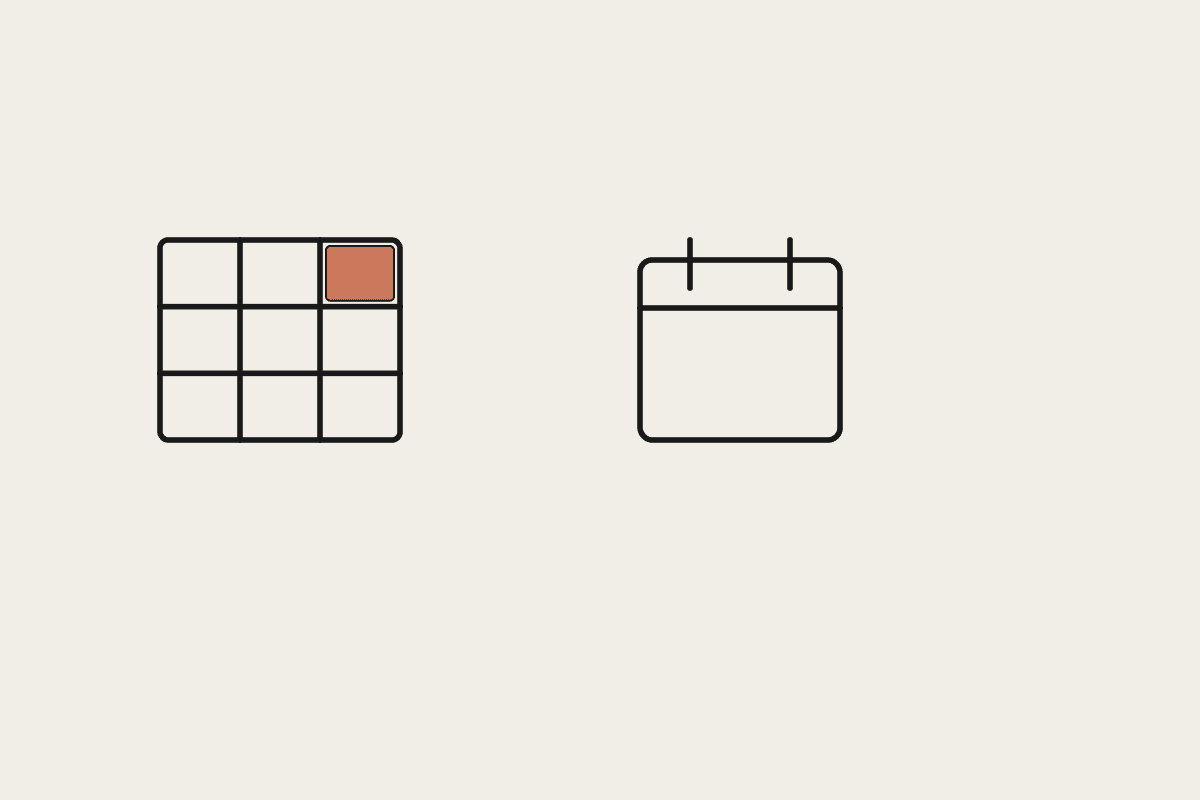 A content grid with one terracotta highlighted cell next to a calendar, representing a week of batched social posts