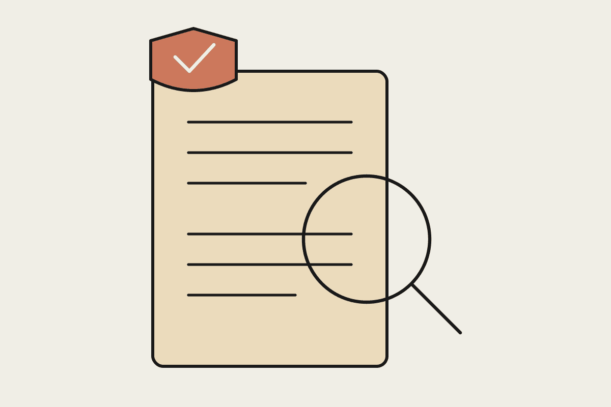 A contract page under a magnifying glass beside a terracotta safety shield with a tick