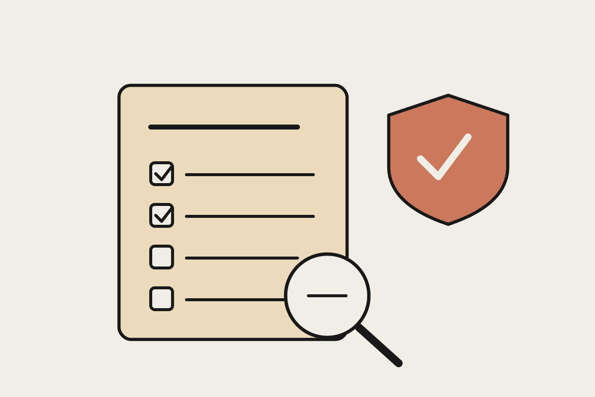 A court document with a checklist beside a terracotta compliance shield and a magnifying glass