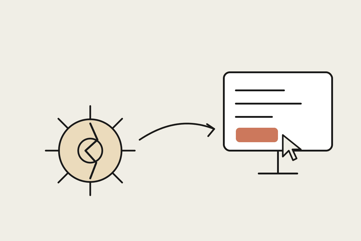 A cracked gear representing a brittle RPA bot beside a clean monitor with a cursor clicking a highlighted button