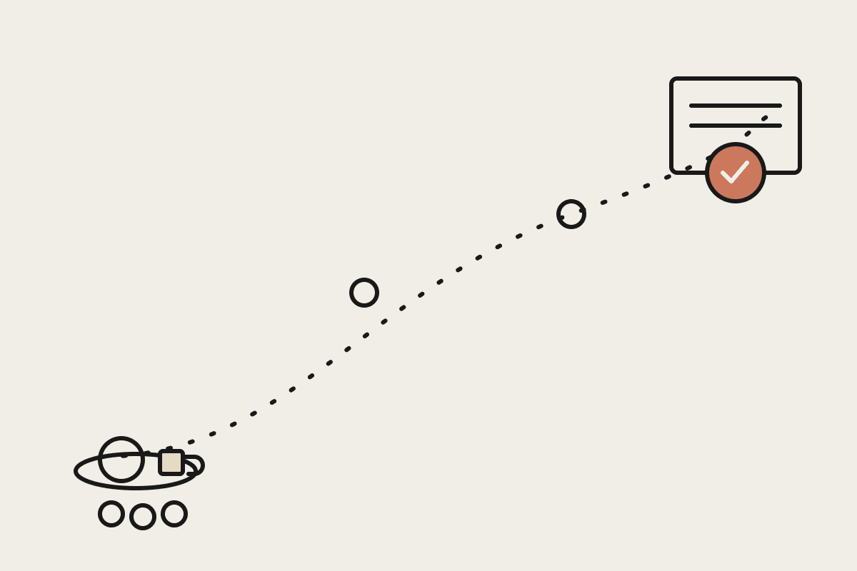A dashed 30-day path rising from a lunch table to a terracotta licence badge