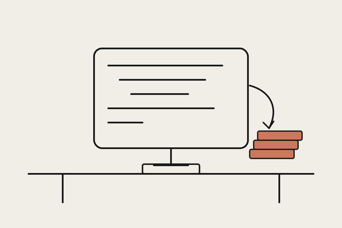 A desk monitor with lines of code flowing down an arrow into a neat terracotta stack of papers