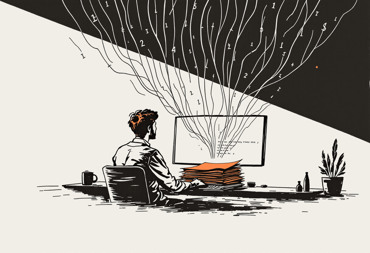 Hand-drawn illustration of a developer at a desk with code flowing from monitors into an organised stack of papers