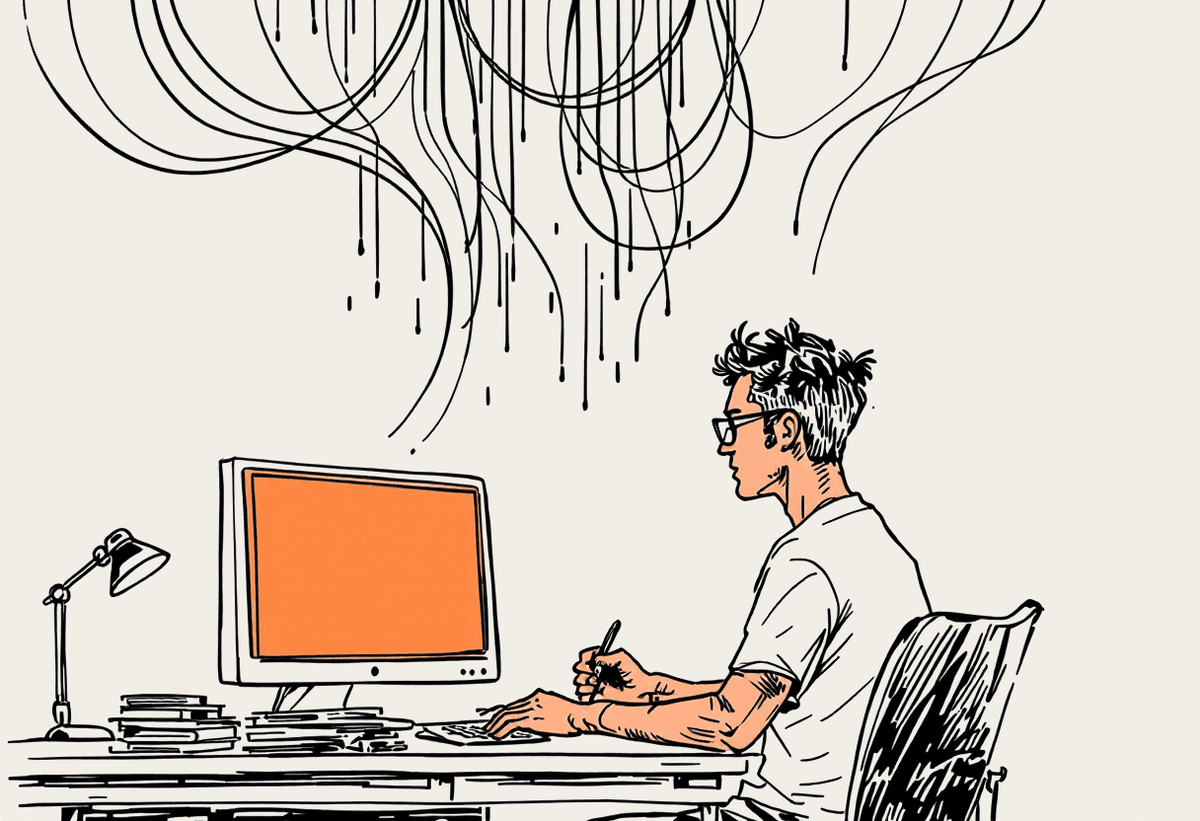 Hand-drawn illustration of a developer at a desk with code lines flowing from monitors into an organised stack of papers